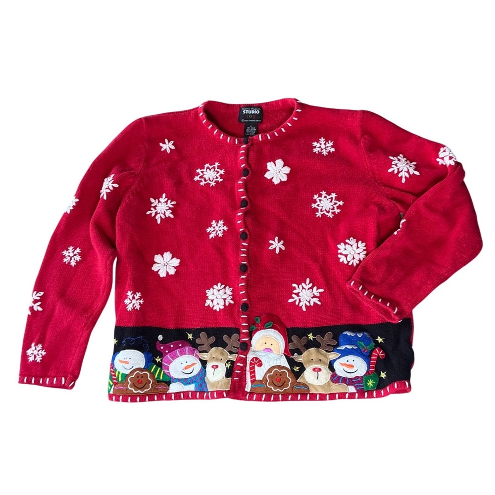 Vintage Knit Red Christmas Cardigan Snowman Reindeer Large Snowflake Cotton